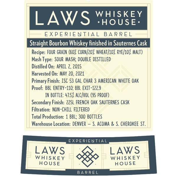 Laws Experiential Barrel Straight Bourbon Finished in Sauternes Casks